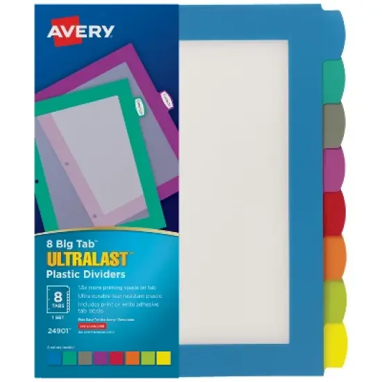 Avery Ultralast Big Tab Plastic Dividers for 3 Ring Binders, 8-Tab Set, Multicolor with White Labels, 1 Set (24901) image {7}