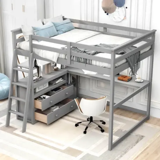 Full Size Loft Bed with Desk, Shelf and Two Built-in Drawers - ModernLuxe image {11}
