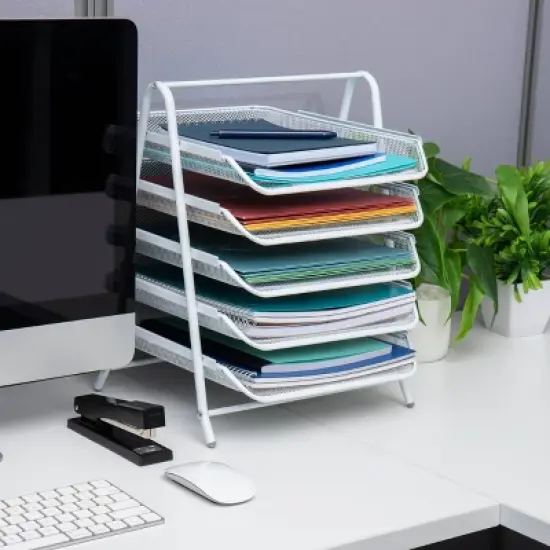 Mind Reader 5-Tier Paper Tray, Desktop Organizer, File Storage, Office, Metal Mesh, 11.75"L x 14"W x 14.5"H, White image {1}