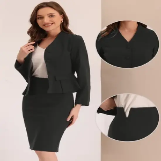 Allegra K Business 2 Piece Suit Set for Women's Long Sleeve Collarless Peplum Blazer Pencil Skirts image {1}