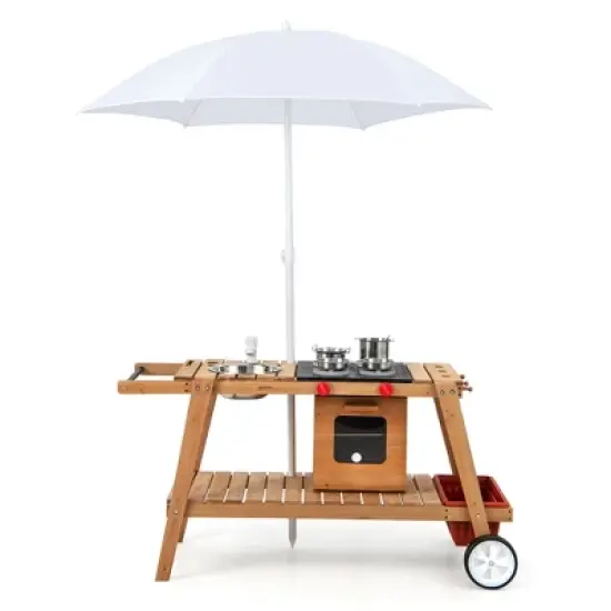 Costway Kid's Play Trolley Outdoor Wooden Kids Play Cart with Sun Umbrella  for Toddlers 3+ image {9}