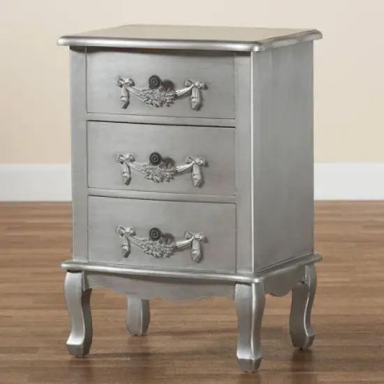 Callen Brushed Wood 3 Drawer Nightstand Silver - Baxton Studio image {8}