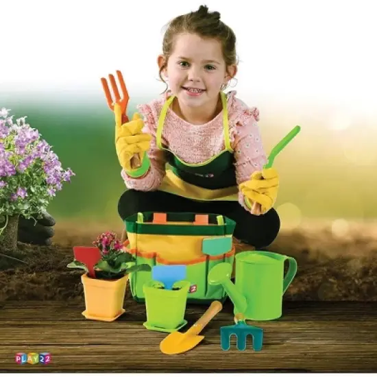 Kids Gardening Tool Set 12 PCS - Kids Gardening Tools with Shovel, Rake, Fork, Trowel, Apron, Gloves Watering Can and Tote Bag - Play22usa image {3}
