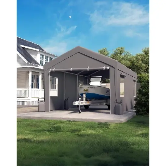 12x20' Heavy-Duty Portable Garage w/ Reinforced Frame, Canopy Top, Roll-Up Windows & Dual Doors - Ideal for Vehicles, Boats, Events (Gray) image {6}