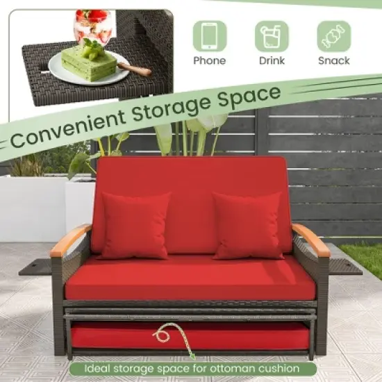 Tangkula Patio Rattan Daybed Set w/ Cushioned Loveseat & Storage Ottoman image {3}