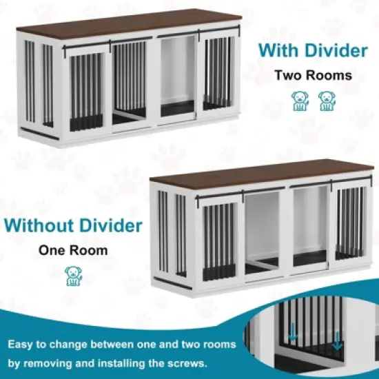71inch Dual Dog Crate Furniture - Heavy Duty Wooden Kennel w/Sliding Barn Doors & Divider, TV Stand for Large Breeds image {2}