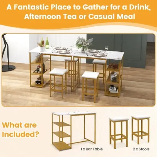 Costway 3PCS Bar Table Set Kitchen Counter Height Table 2 Stools Space Saving with Storage image {9}
