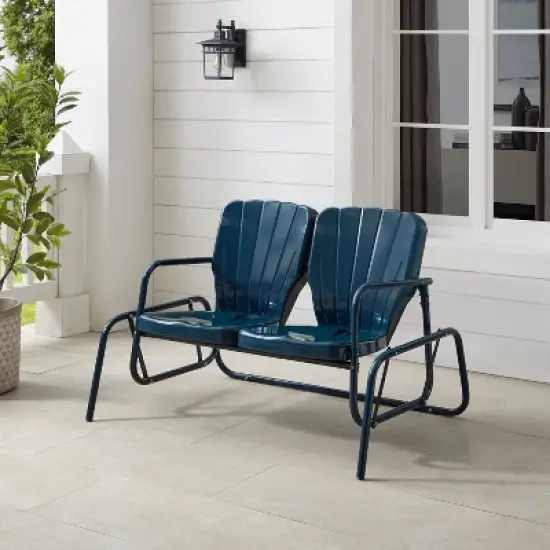 Ridgeland Outdoor Metal Loveseat Glider - Navy - Crosley image {1}