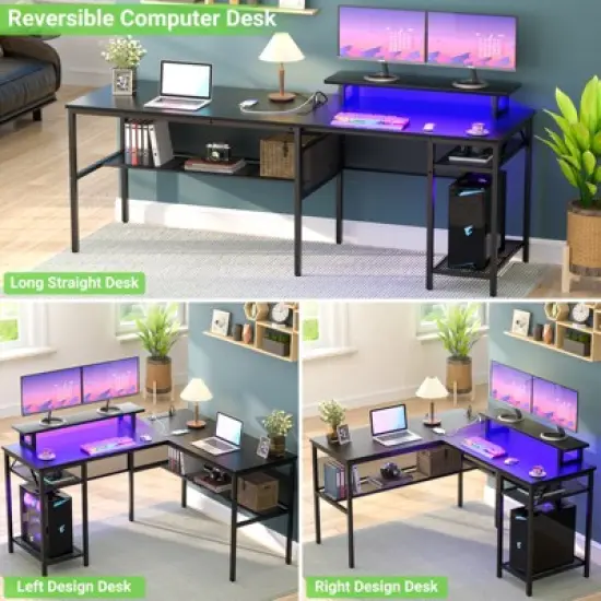 Aheaplus 55.5'' Reversible L-shaped Desk with Power Outlets and RGB LED Lights, Computer Table with CPU Stand and Monitor Stand image {7}