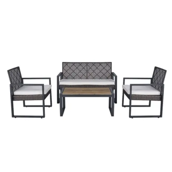 Aukfa Modern Weave 4-Piece Outdoor Patio Conversation Set with Cushions and Wood-Top Coffee Table - Noir Garden Sofa & Chair Set image {13}