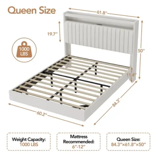 Queen Size Bed Frame with Lights & Charging Station, Upholstered Platform Bed Frame wth Storage Headboard, 50&iexcl;&plusmn; Tall Headboard, White image {2}