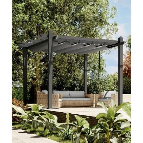 Retractable Aluminum Pergola &ndash; 10x10/10x13 Ft Wood-Grain Design, Adjustable Sunshade & Rust-Proof Frame for Patio/Backyard/Garden image {9}