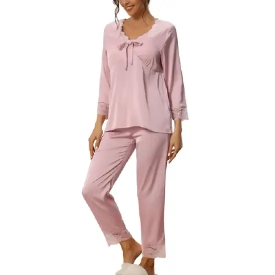 cheibear Womens Loungewear Silky Long Sleeve Top with Pants Pajamas Sets image {6}
