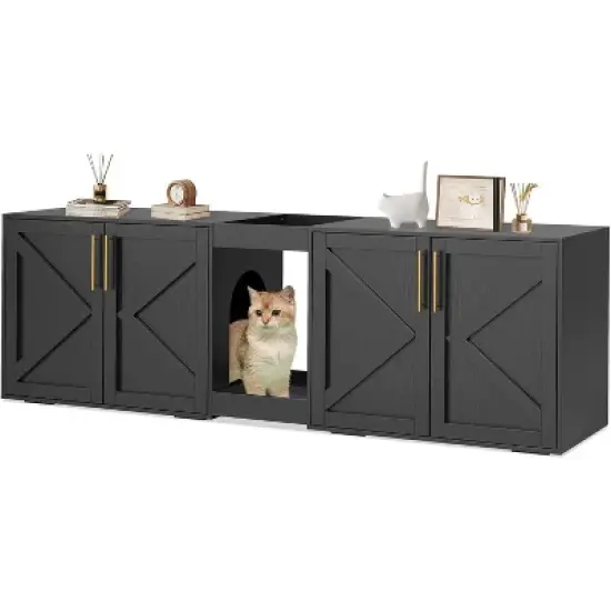 Cat Litter Box Enclosure for 2 Cats,  Wooden Litter Box Cabinet, Large Enclosed Cat Box Furniture with Storage Shelf, Soft Cushion image {8}