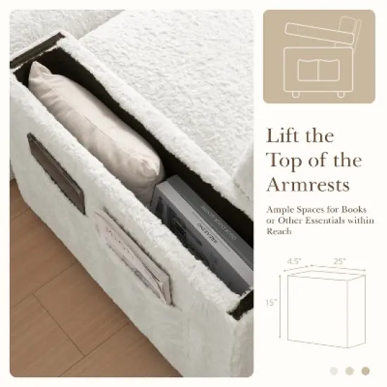 Whisen Oversized Faux Rabbit Fur Chaise Lounge with Storage Ottoman and Armrests, Upholstered Sleeper Sofa Bed with Cup Holders image {4}