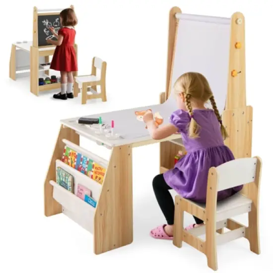 Costway Kids Art Table and Chair Set with  Easel & Chair Whiteboard & Chalkboard Paper Roll image {9}