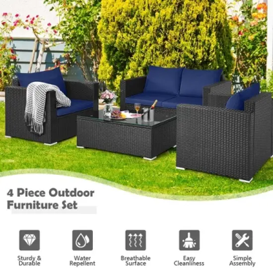 Costway 4 PCS Patio Rattan Furniture Set Cushioned Sofa Chair Coffee Table Blue/Red image {9}