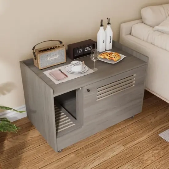 DOMETOUR Gray Cat Litter Box Enclosure, Hidden Litter Box Furniture with Top Fence, Wooden Pet House Side Table, Storage Cabinet for Bedroom image {2}