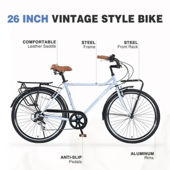 YONWAY 26 Inch Cruiser Bike, 7 Speeds Vintage Style City Bike, with Front and Rear Cargo Rack ＆ Steel Frame, V-Brake for Women and Men image {4}