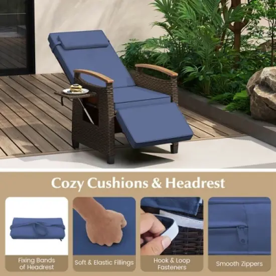 Costway 1/2 PCS Patio Wicker Recliner Chair with Adjustable Backrest Footrest Flip Side Table Navy image {7}