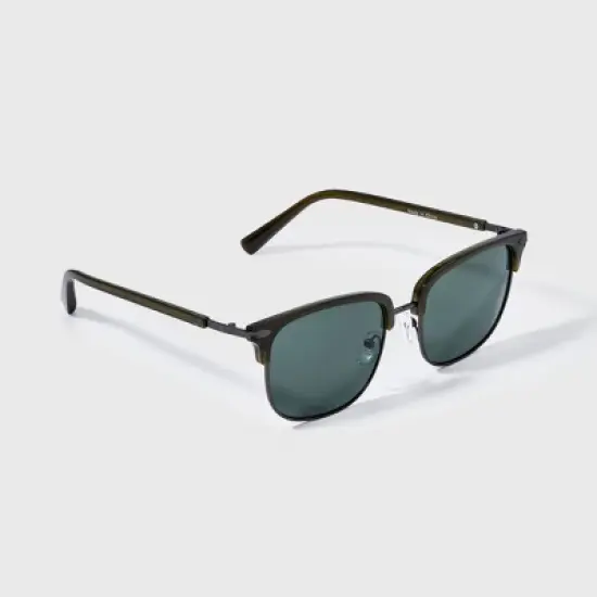 Men's Plastic Angular Square Browline Sunglasses - Goodfellow & Co&trade; Dark Olive Green: Impact-Resistant, Maximum UV Protection image {1}