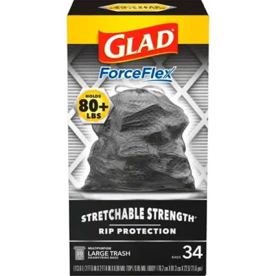 Glad ForceFlex Large Drawstring Black Trash Bags - 30 Gallon - 34ct image {1}