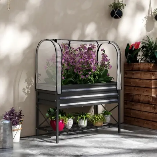 Outsunny Raised Garden Bed with Cover and Storage Shelf, Rectangular Metal Elevated Planter Box with Legs and Bed Liner image {1}