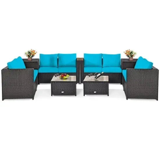 Costway 8PCS Outdoor Patio Rattan Furniture Set Cushioned Loveseat Storage Table Red\Navy image {11}