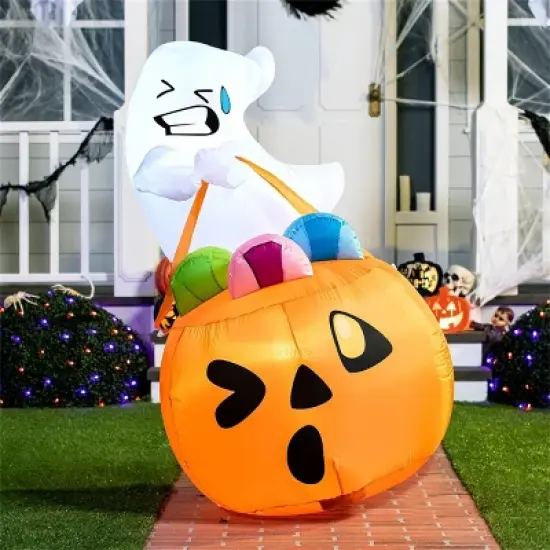 Joyfy 5 FT Halloween Inflatables Outdoor Decorations, Inflatable Cute Ghost Lift Pumpkin Candy Bag with LEDs for Halloween Yard Garden Lawn Decoration image {3}