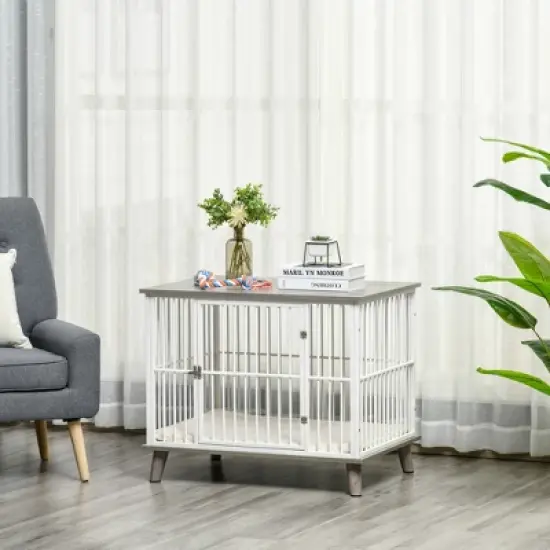 PawHut Dog Crate Furniture, Wooden End Table with Cushion & Lockable Door, Medium Size Pet Crate Indoor Puppy Cage, gray image {1}