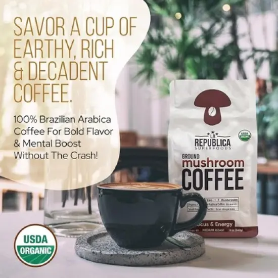 La Republica Bestselling Ground Mushroom Coffee with 7 Super Food Mushrooms, Certified Organic & Fair Trade Arabica Coffee - Medium Roast, 60 Servings image {5}