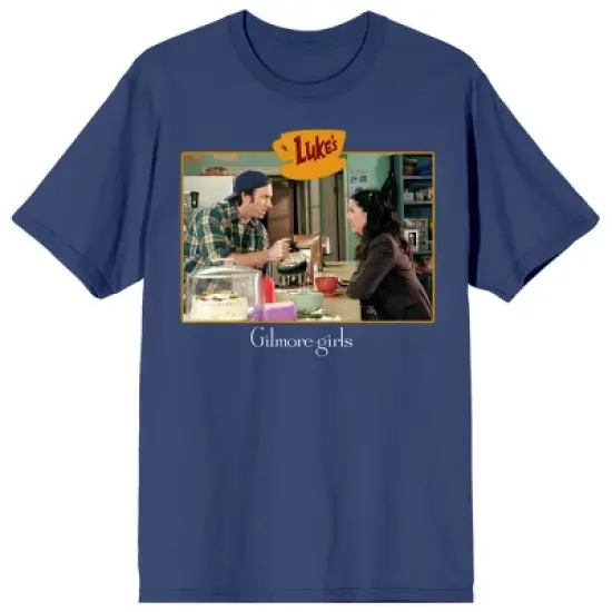 Gilmore Girls Luke and Lorelei in Luke's Cafe Screenshot Women's Navy Blue Graphic Short Sleeve Crew Neck Tee image {4}