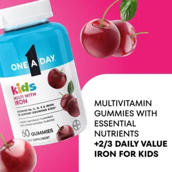 One A Day Kids' Multivitamin Gummies with Iron and Vitamin D - Cherry Flavor - 60ct image {2}