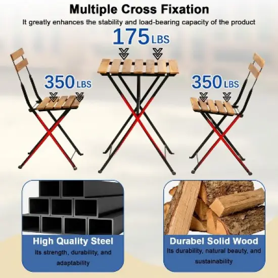 BestMassage 3 Piece Bistro Set Folding Chairs Table with Weather-Resistant Wood, Brown image {3}
