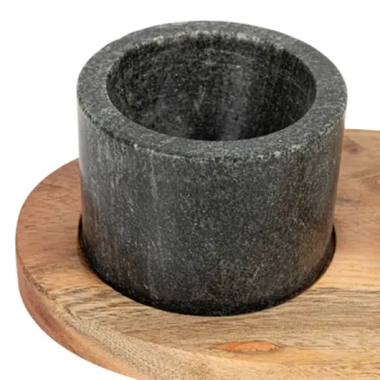 Storied Home Round Marble Bowls on Mango Wood Tray with Brass Salt Spoon, White and Black, Set of 2 image {7}