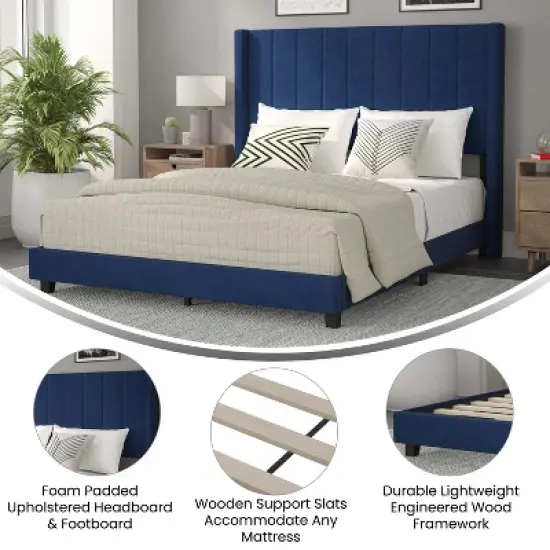 Merrick Lane Modern Upholstered Platform Bed Frame with Padded, Tufted Wingback Headboard and Wood Support Slats, No Box Spring Required image {5}