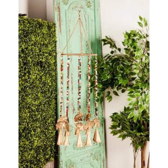 17" x 7" Eclectic Metal Elephant Windchime with Beaded Strands Gold - Olivia & May: Indoor Musical Decor image {1}