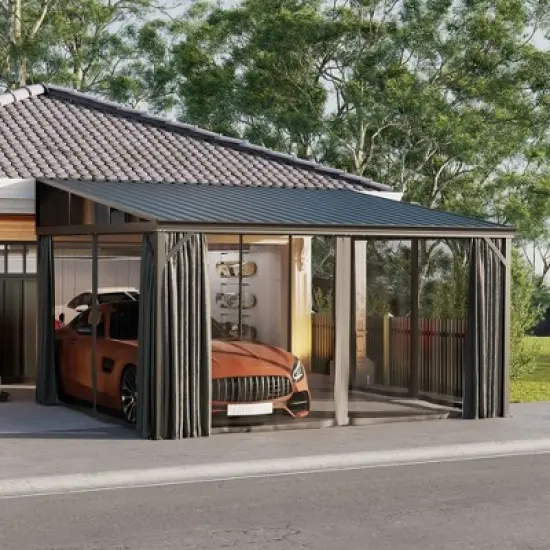 FUFU&GAGA Modern Wall Outdoor Patio Gazebo with Galvanized Steel Hardtop Aluminum Frame, Removable Curtains & Deep Gray Mosquito Netting image {14}