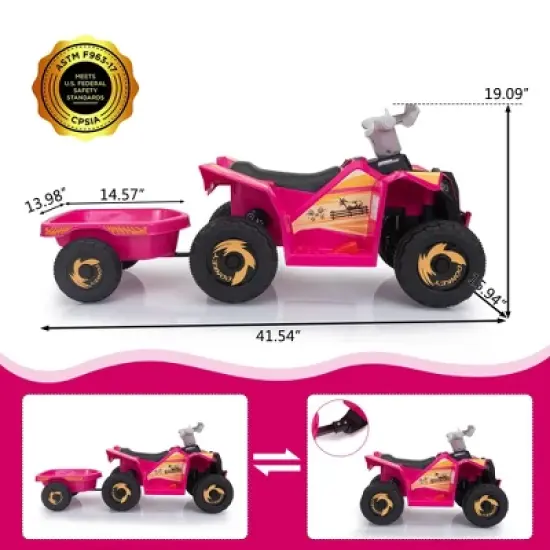 Sandinrayli 6 Volt Kids Ride On ATV Toddler Toy Car 4-Wheeler Quad Car for Kids 3-6 with Trailer image {7}