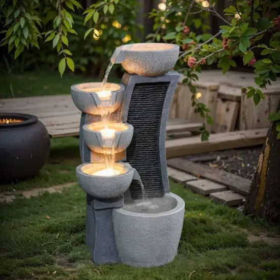 LuxenHome 26" Modern Outdoor Water Fountain with Planter and Lights, Resin Cascading Bowl Garden Waterfall Indoor and Outdoor Use Gray image {1}