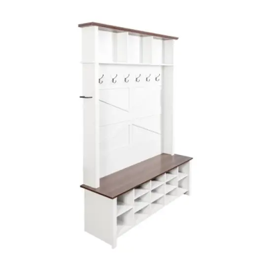 TiramisuBest Farmhouse Hall Tree with Bench, 6 Hooks, Adjustable Shelves & 16 Open Compartments - Entryway Organizer for Mudroom/Living Room (White) image {9}