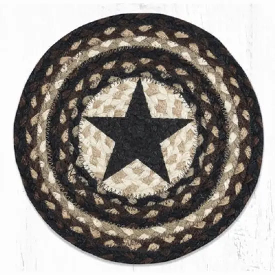 Earth Rugs Round Jute Trivet 10"x10" &ndash; Black Star Print with Braided Natural Fiber image {3}