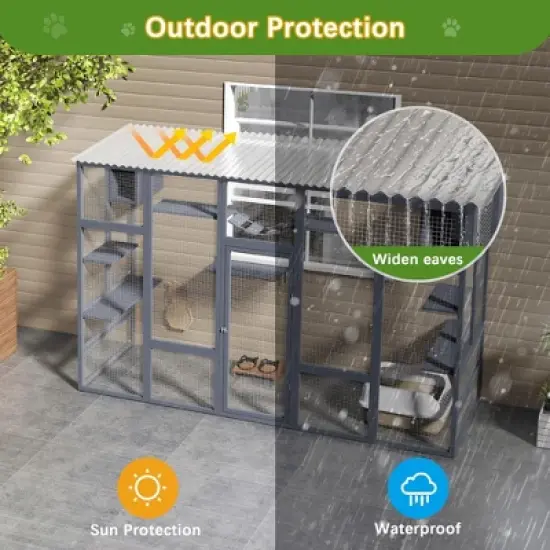 Sandinrayli Catio Outdoor Cat Enclosure Window, 104" Wooden Large Catio Outside Cattery with Sloped Waterproof Cover image {3}