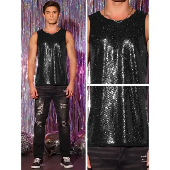 Lars Amadeus Men's Sequin Shiny Nightclub Party Metallic Sleeveless Tank Top image {3}