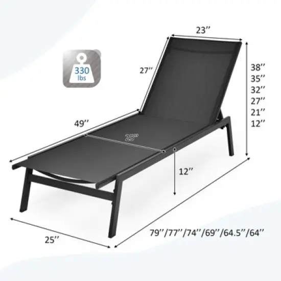 Tangkula Patio Chaise Lounger with 6-Postion Adjustable Backrest and Breathable Fabric Black image {2}
