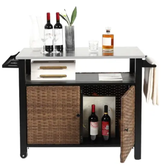 Outdoor Wicker Bar Cart, Kitchen Island Grill Table with Wheel,Rolling Buffet Serving Cart with Stainless Steel Top for Porch Garden Poolside image {3}