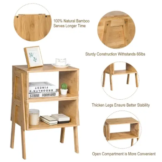 Costway Set of 2 Bamboo Nightstand Stackable Sofa Table Bedside Table with Storage Shelf image {7}