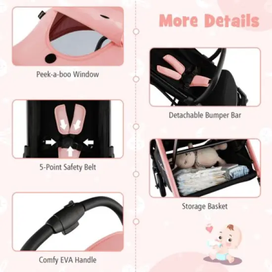 Infans Portable Baby Stroller One-Hand Fold Pushchair W/ Aluminum Frame Pink image {4}