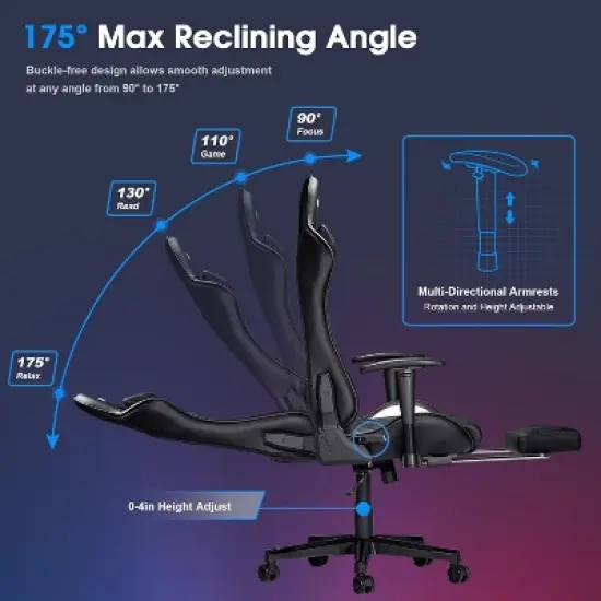 Douxlife Modern 7-Point Massage Ergonomic Gaming Chair with Footrest & Adjustable Armrests Black image {2}