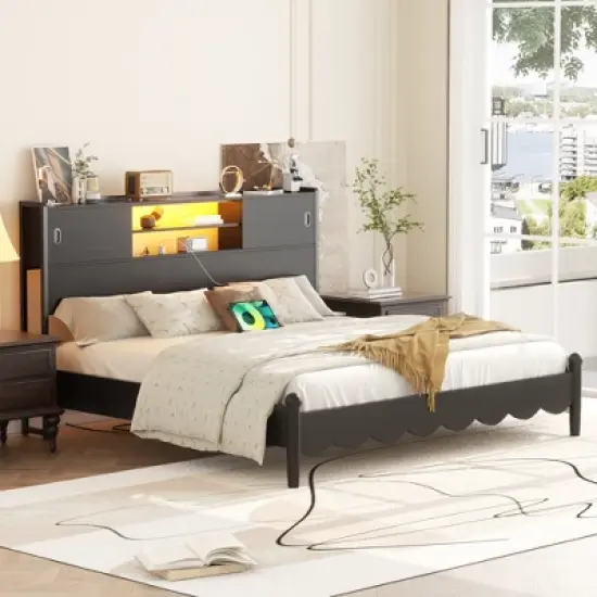 Aheaplus King Headboard with Storage Cabinet, Headboard with Sliding Doors, Charging Station image {4}